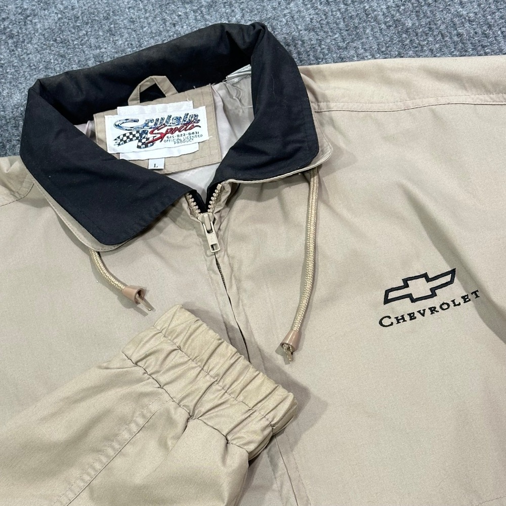 Vintage Chevrolet Jacket Mens Large Tan Zip Lightweight Embroidered Logo Chevy